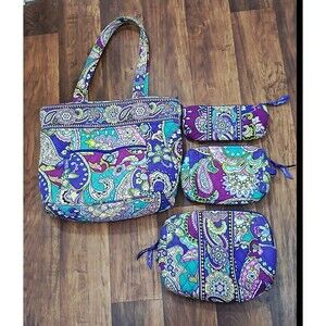 Vera Bradley Plum Crazy Villager Tote Bag & Cosmetic Bags Retired Full Set EUC